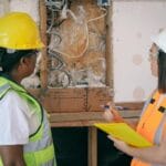 Dwie inżynierki w kaskach analizują plany budowy na remontowanej inwestycji