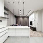 Jasna, nowoczesna kawalerka z oświetleniem i minimalistycznymi meblami