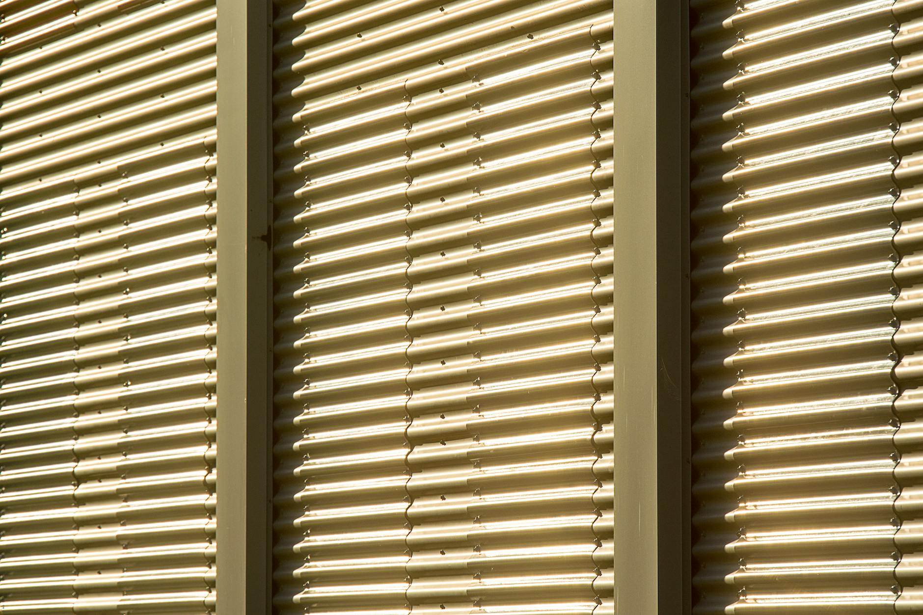 Zbliżenie jasnych rolet przepuszczających światło do wnętrza domu
