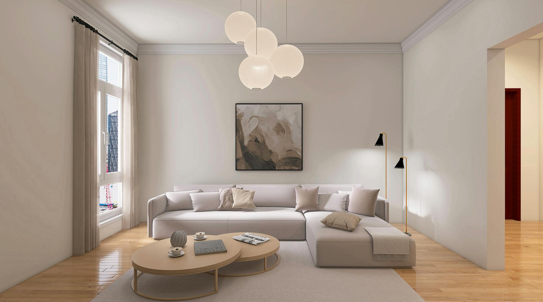 Minimalistyczny salon japandi z beżową sofą i prostymi dekoracjami